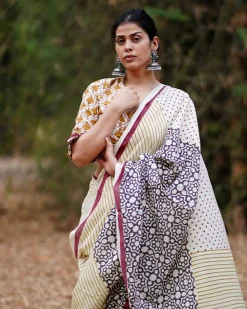 Badal Pe Paon Ivory Block Printed Cotton Saree - WW