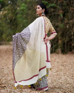 Badal Pe Paon Ivory Block Printed Cotton Saree - WW