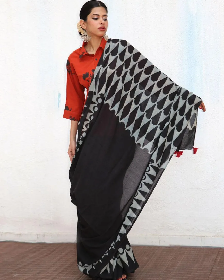Barkha Blockprinted Cotton Saree - NOMAD
