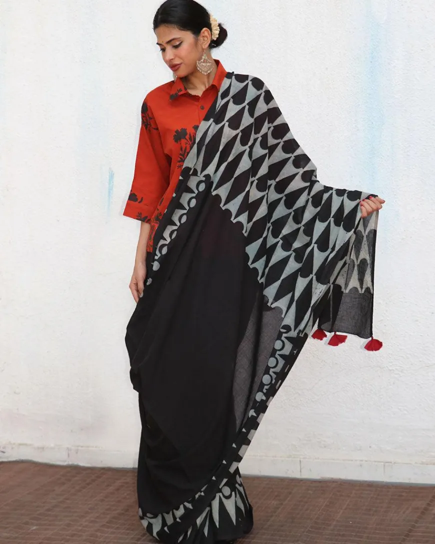 Barkha Blockprinted Cotton Saree - NOMAD