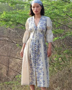 Beige Blue Blockprinted Bel Cotton Dress