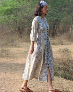 Beige Blue Blockprinted Bel Cotton Dress