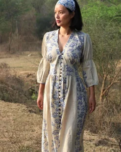 Beige Blue Blockprinted Bel Cotton Dress