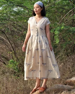 Beige Blue Blockprinted Dragonfly Cotton Dress