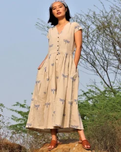 Beige Blue Blockprinted Dragonfly Cotton Dress