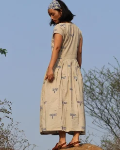 Beige Blue Blockprinted Dragonfly Cotton Dress