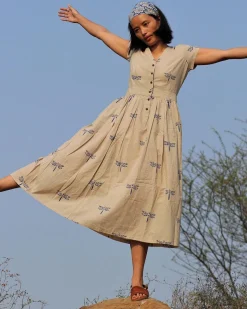 Beige Blue Blockprinted Dragonfly Cotton Dress