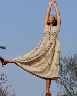 Beige Blue Blockprinted Dragonfly Cotton Dress