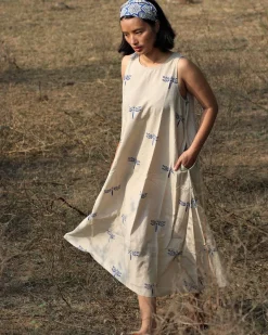 Beige Blue Blockprinted Dragonfly Sleeveless Cotton Dress