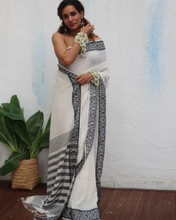 Bhavani Handwoven Linen Cotton Jamdani Saree - Uma