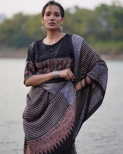 Bhumika Blockprinted Modal Silk Saree - Jaisal