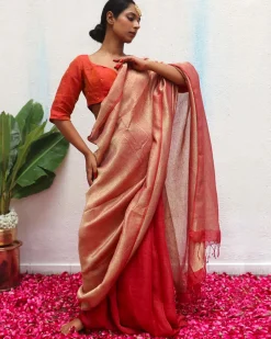 Bibha Maroon Handwoven Linen Zari Saree - Eknoor