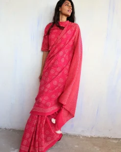 Bira Hand Blockprinted Cotton Saree - Butterfly Girls