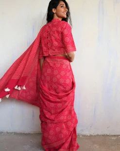 Bira Hand Blockprinted Cotton Saree - Butterfly Girls