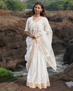Birch Moon Kota Doria Ivory Block Printed Saree - SFD