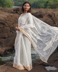 Birch Moon Kota Doria Ivory Block Printed Saree - SFD