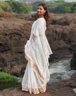 Birch Moon Kota Doria Ivory Block Printed Saree - SFD