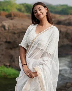 Birch Moon Kota Doria Ivory Block Printed Saree - SFD