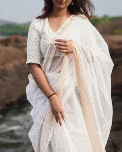 Birch Moon Kota Doria Ivory Block Printed Saree - SFD