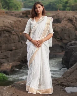 Birch Moon Kota Doria Ivory Block Printed Saree - SFD