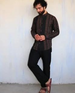 Black & Red Blockprinted Men'S Shirt