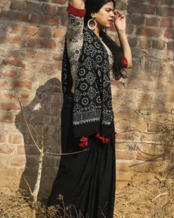 Black Block Printed Cotton Mul Saree