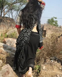 Black Block Printed Cotton Mul Saree