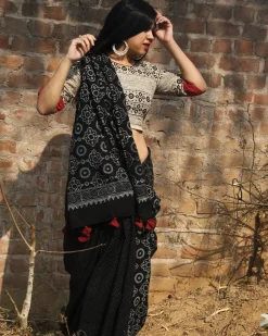 Black Block Printed Cotton Mul Saree