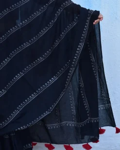 Black Block Printed Cotton Mul Saree