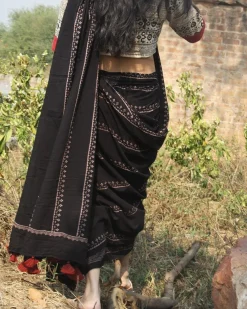Black Block Printed Cotton Mul Saree