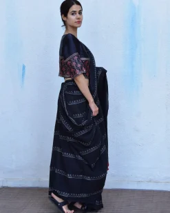 Black Block Printed Cotton Mul Saree