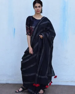 Black Block Printed Cotton Mul Saree