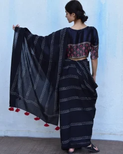 Black Block Printed Cotton Mul Saree