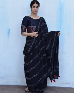 Black Block Printed Cotton Mul Saree