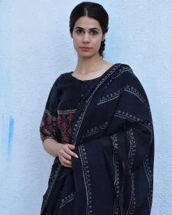 Black Block Printed Cotton Mul Saree