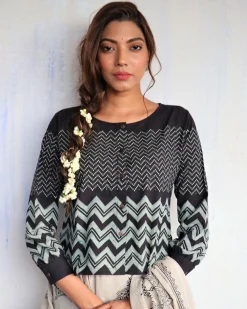 Black Block Printed Crop Top Blouse