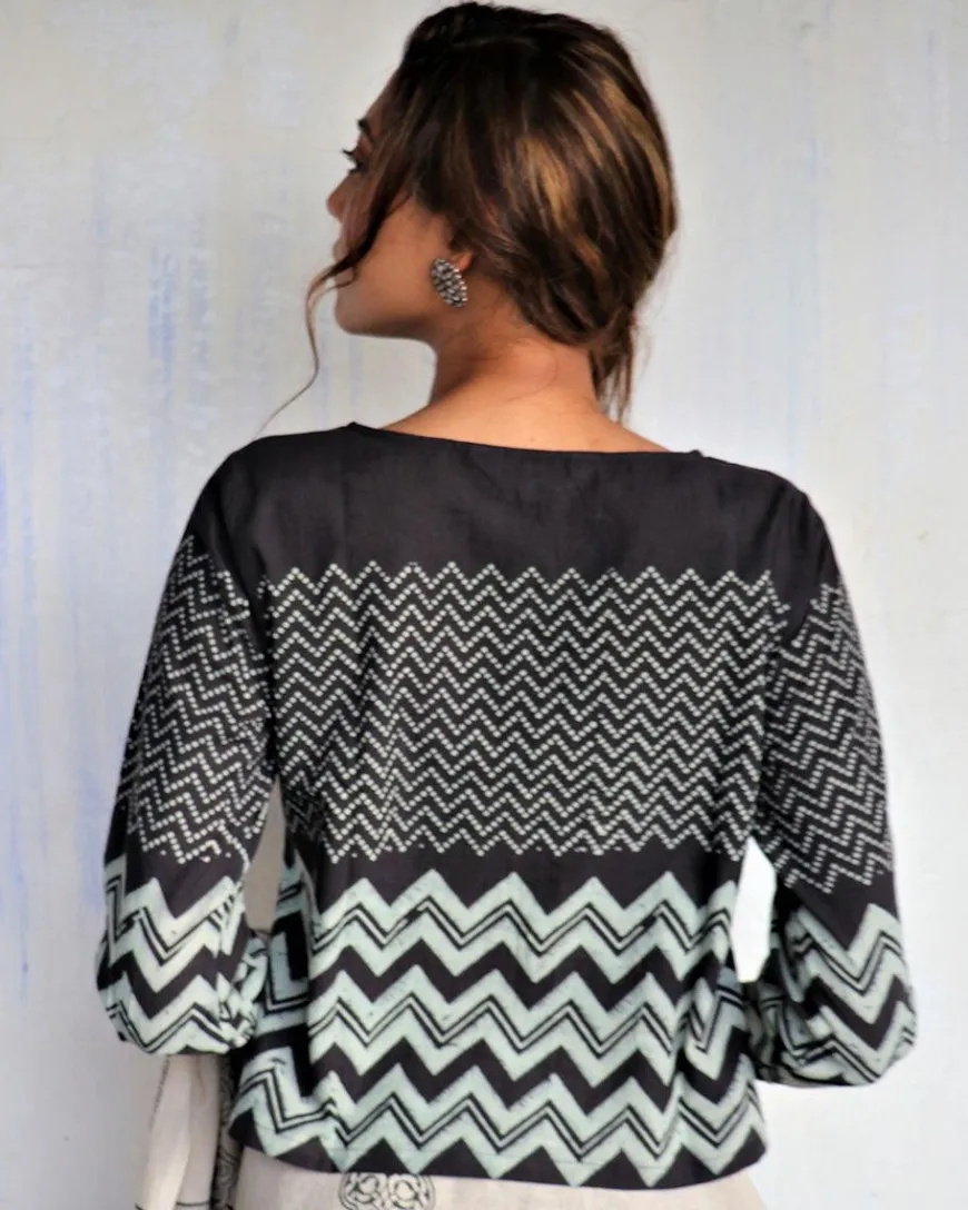 Black Block Printed Crop Top Blouse