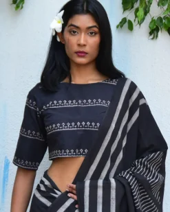 Black Blockprinted Crop Top Cotton Blouse