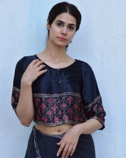 Black Blockprinted Crop Top Mashru Silk Blouse