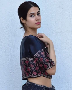 Black Blockprinted Crop Top Mashru Silk Blouse