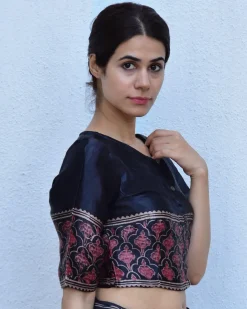 Black Blockprinted Crop Top Mashru Silk Blouse