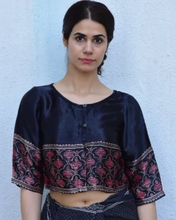 Black Blockprinted Crop Top Mashru Silk Blouse