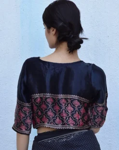 Black Blockprinted Crop Top Mashru Silk Blouse