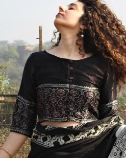 Black Blockprinted Crop Top Mashru Silk Blouse