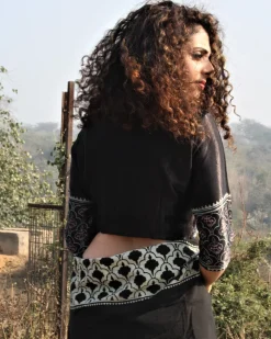 Black Blockprinted Crop Top Mashru Silk Blouse