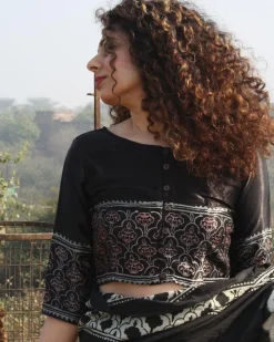 Black Blockprinted Crop Top Mashru Silk Blouse