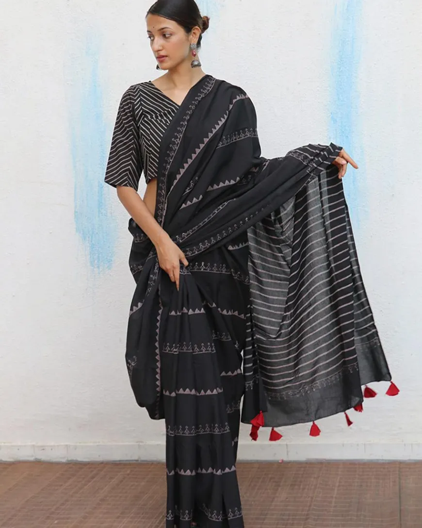 Black Cotton Crop Top Blouse
