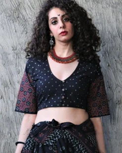 Black Kohl Blockprinted Crop Top Cotton Blouse