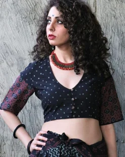 Black Kohl Blockprinted Crop Top Cotton Blouse