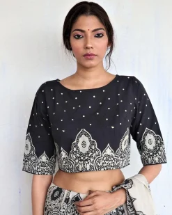 Black Minari Handprinted Crop Top Cotton Blouse - God